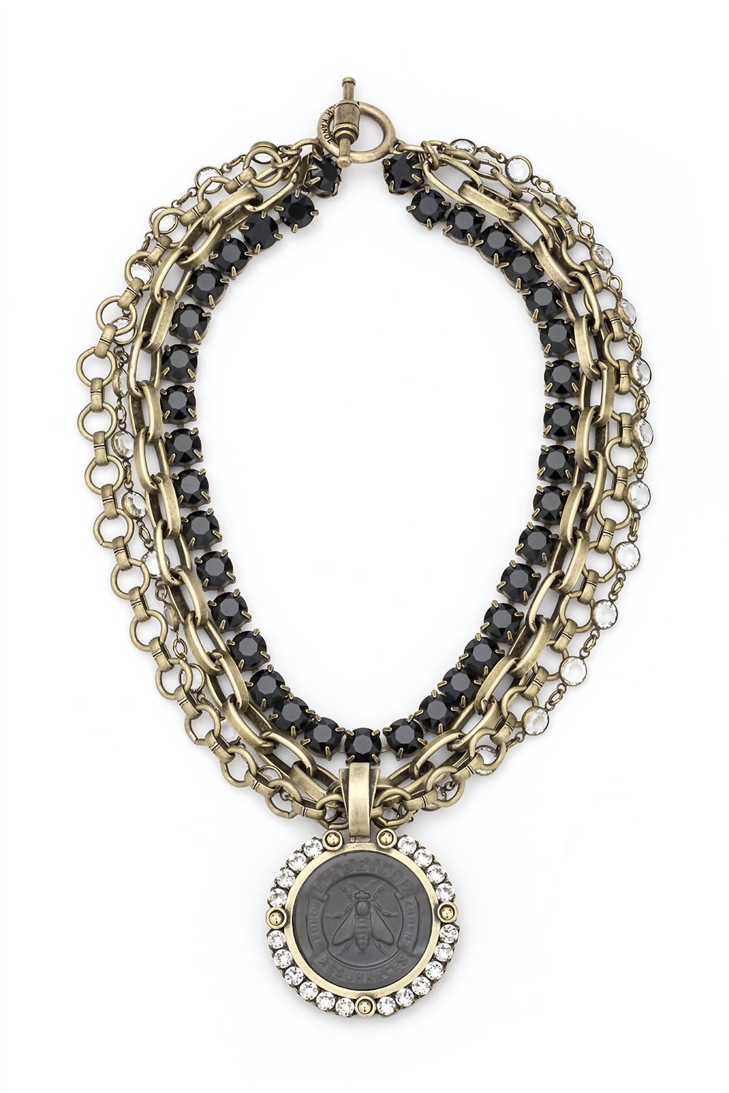 French Kande - Four Strand Austrian Crystal and Chain with Graphite Abeille Medallion and Austrian Crystal
