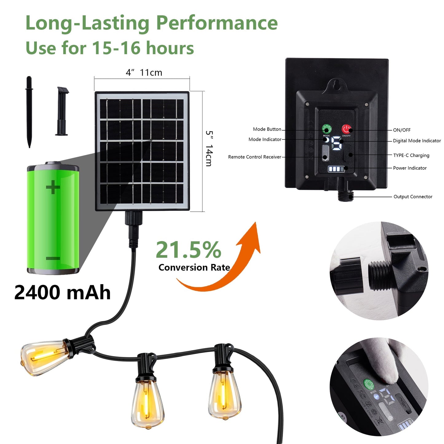 100 FT Solar String Lights Waterproof with Remote & USB Port