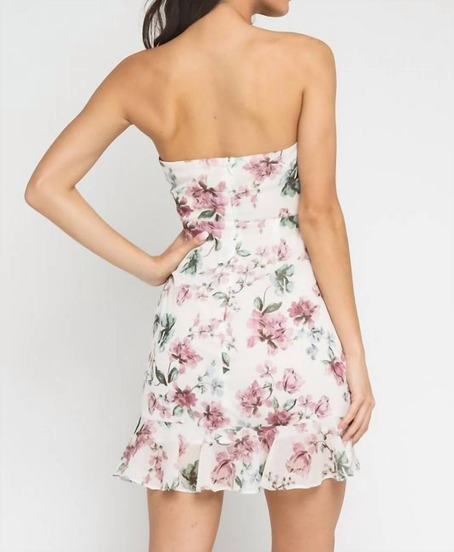 Olivaceous - Restless Beauty Floral Print Strapless Tie-front Mini Dress