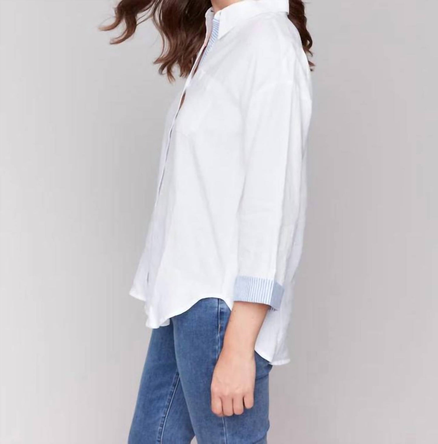 Charlie B - Linen Blend Drop Shoulder Shirt With Striped Cuffs