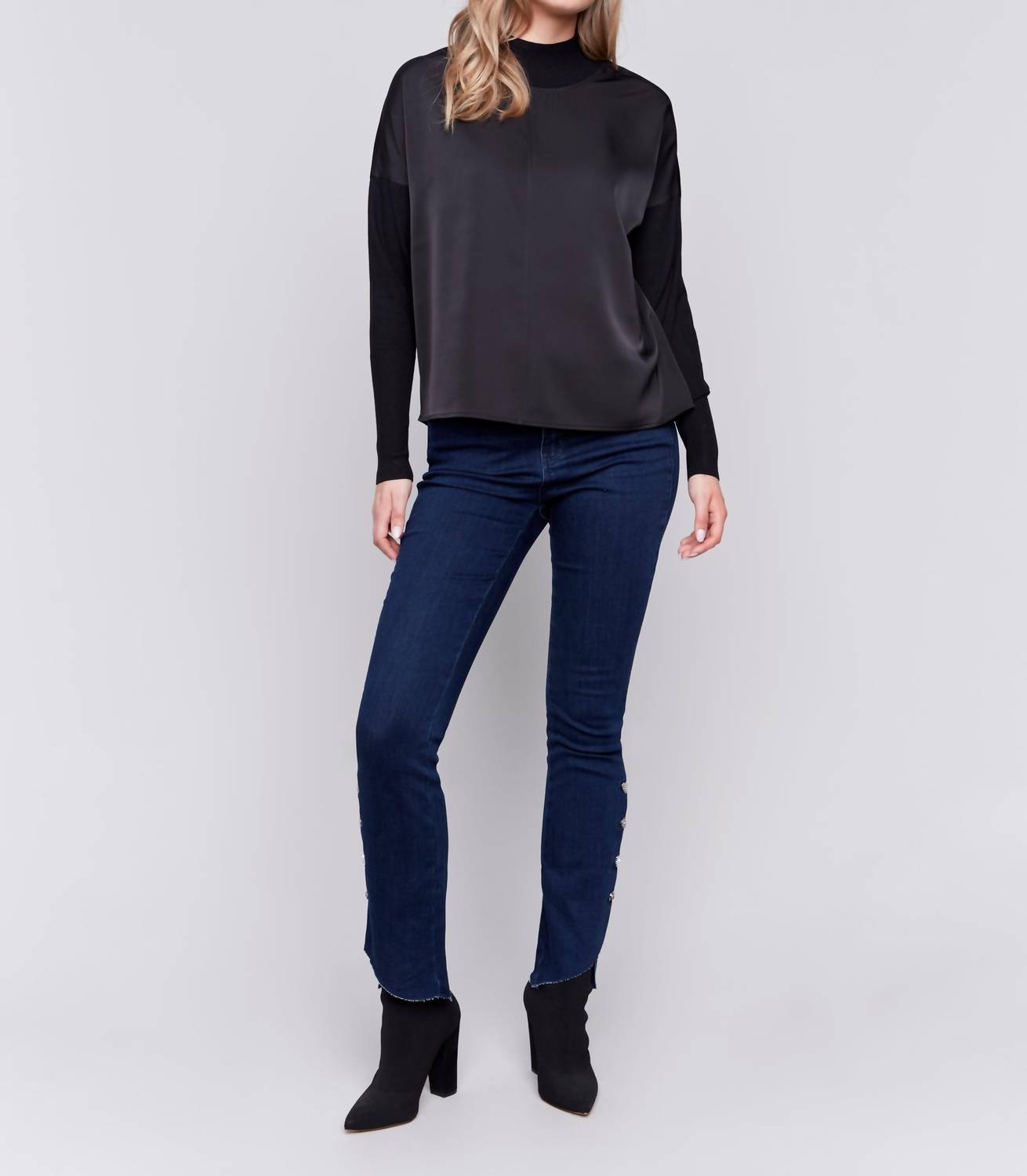 Charlie B - Mockneck Satin-knit Combo Top