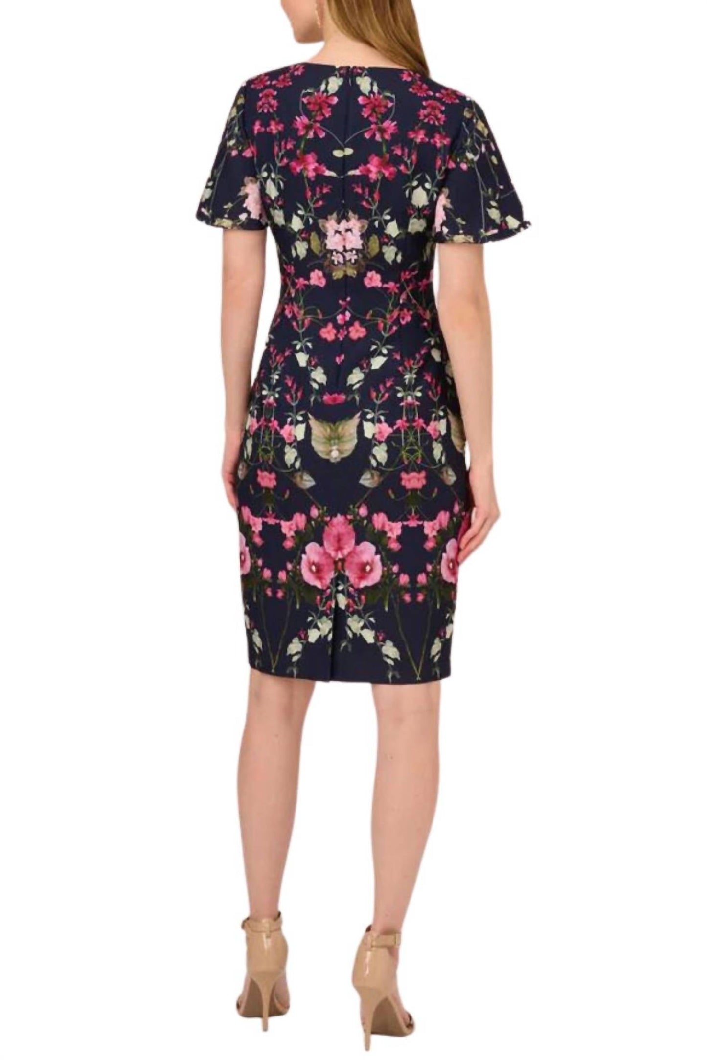 Adrianna Papell - Floral Print Crepe Midi-length Sheath Dress