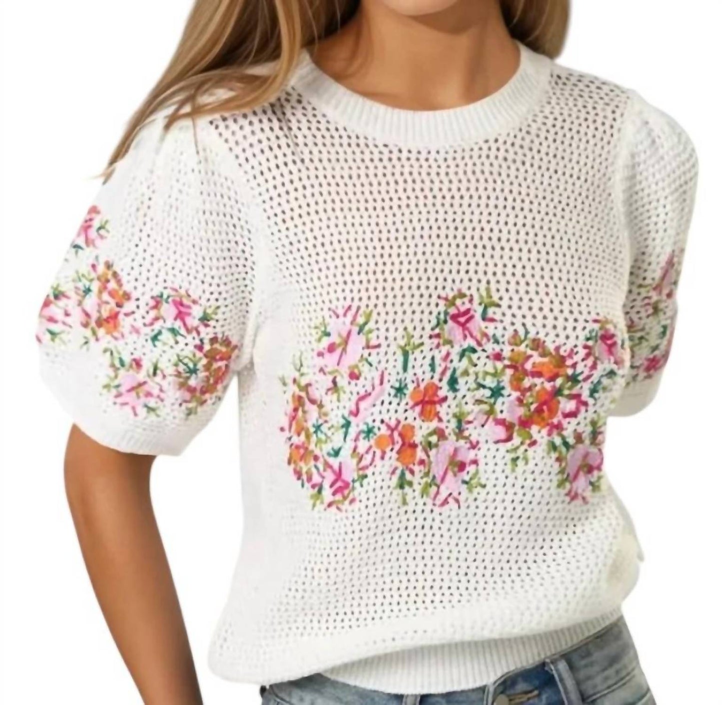 Lalavon - Susan Puff Sleeve Floral Embroidered Crochet Top