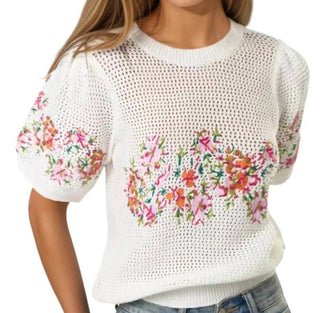 Lalavon - Susan Puff Sleeve Floral Embroidered Crochet Top