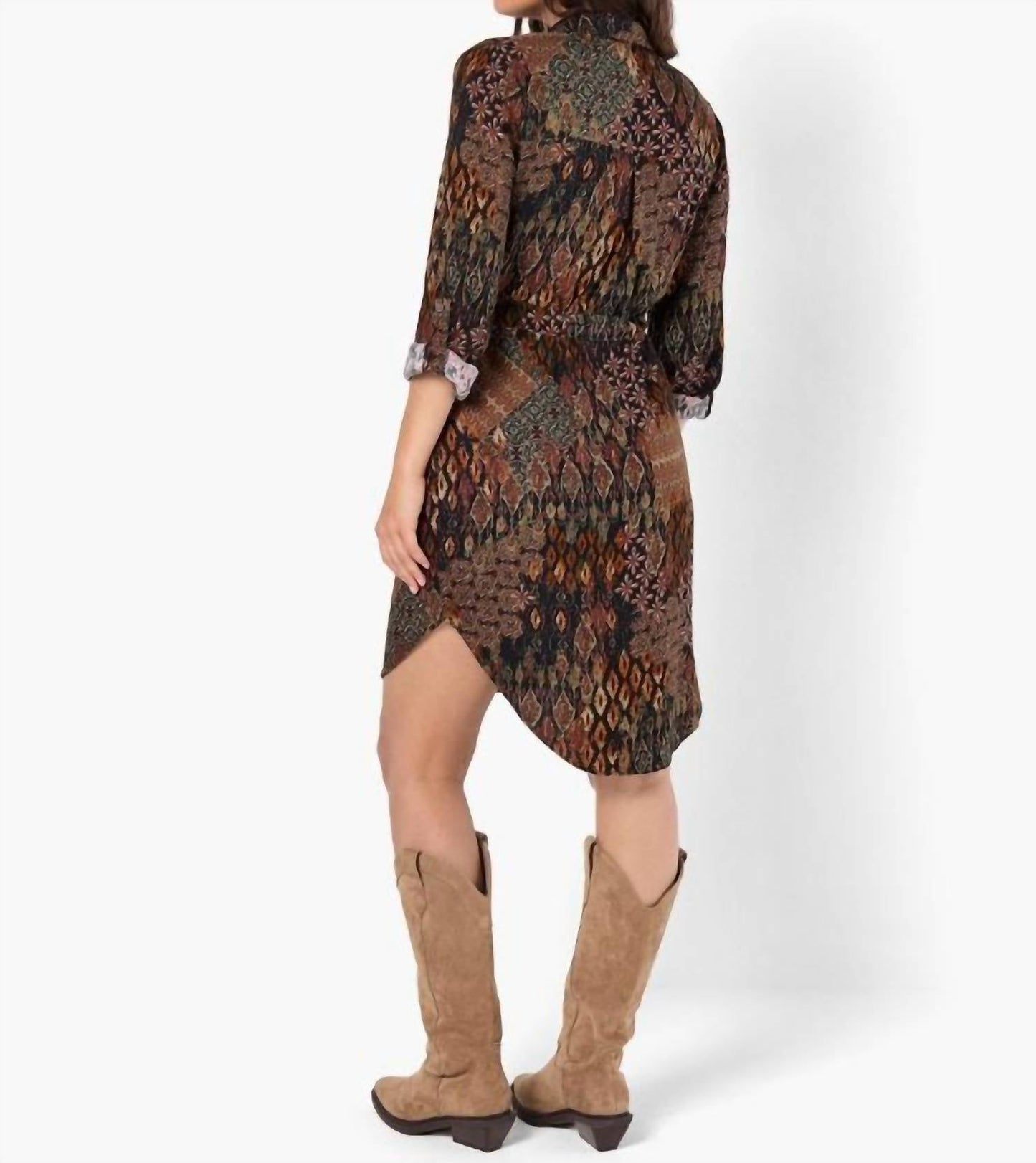 Apricot - Tribal Ikat Patchwork Shirt Dress
