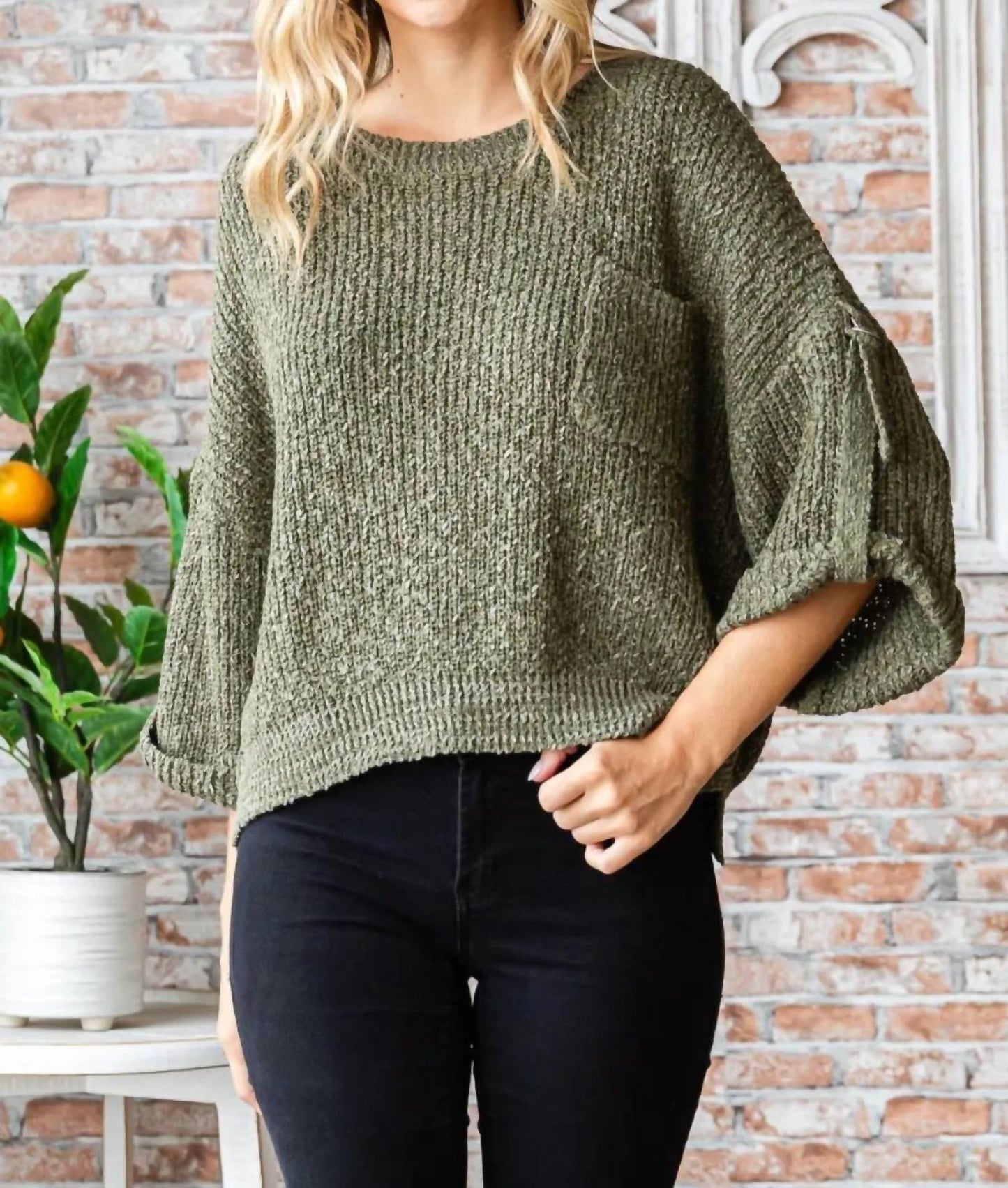 Trendsi - Veveret Round Neck Roll-Up Sweater