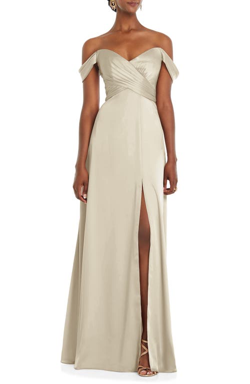 Dessy Collection Off the Shoulder Satin Gown in Champagne, Size 6