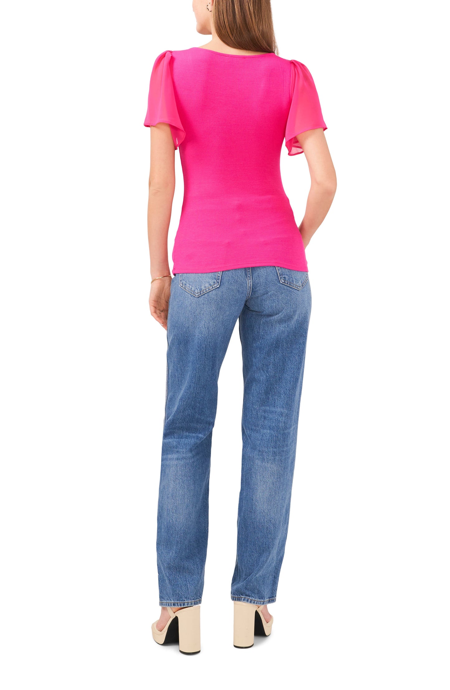 1.STATE Flutter Sleeve T-Shirt Rib Knit Berry Pink Size M