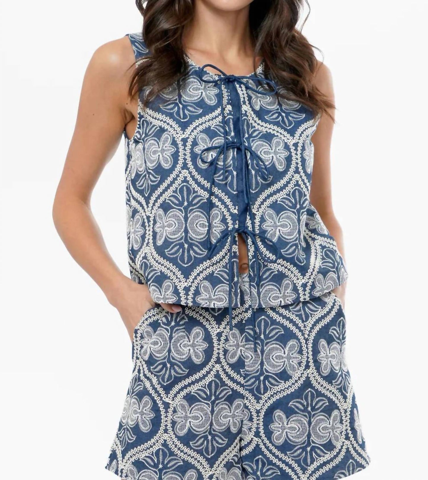 Greylin - Romy Embroidered Tie Front Shell Top