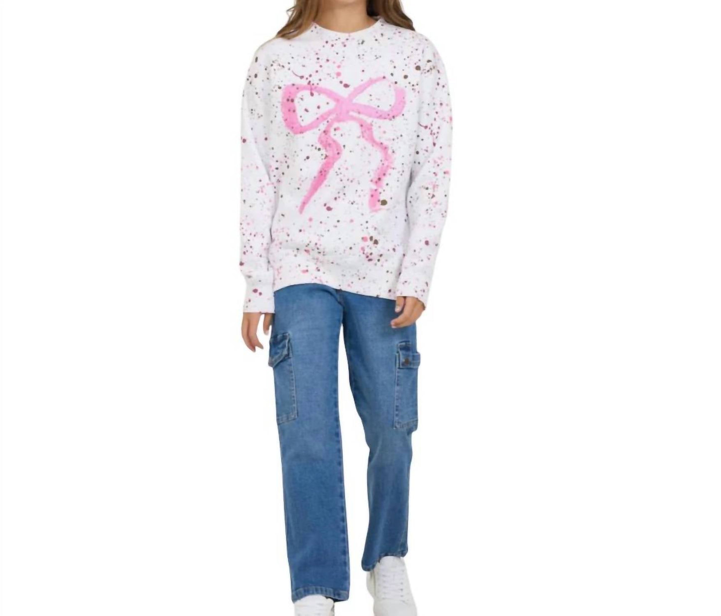 Vintage Havana - Girls Splatter Bow Oversized Crew Sweatshirt