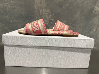 Dior Women's Dway Slides in Peony Pink Toile de Jouy Embroidered Cotton Size 6