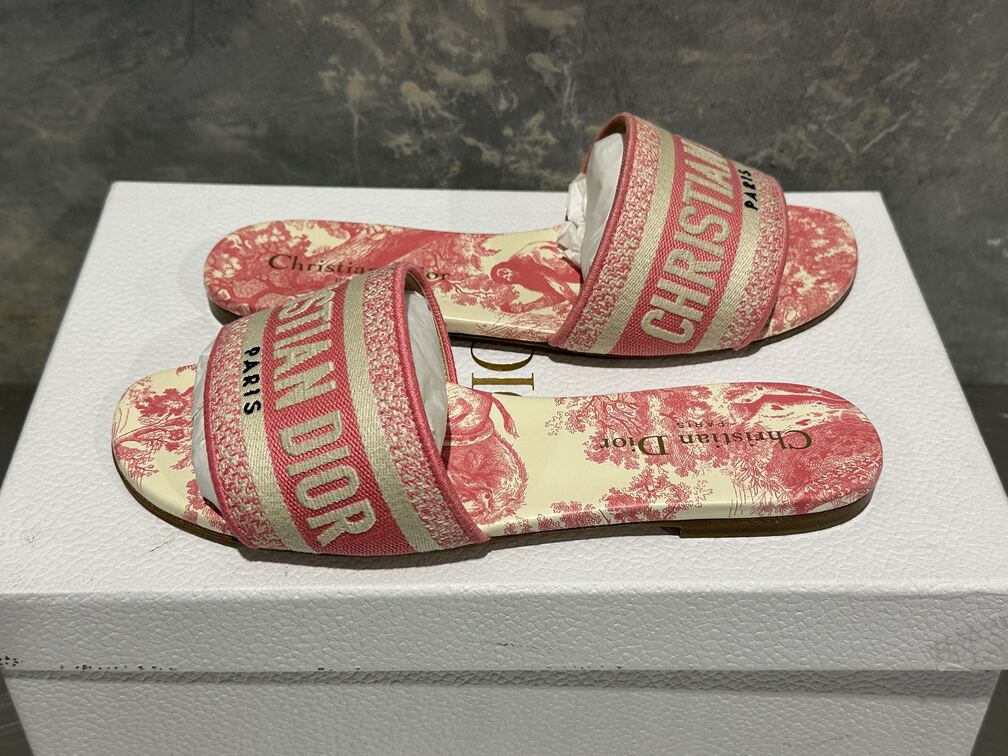 Dior Women's Dway Slides in Peony Pink Toile de Jouy Embroidered Cotton Size 6
