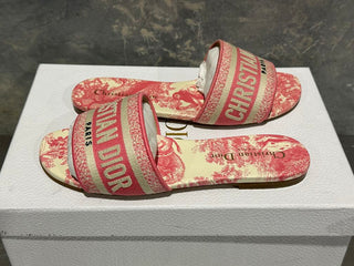 Dior Women's Dway Slides in Peony Pink Toile de Jouy Embroidered Cotton Size 6