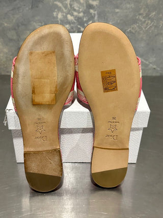 Dior Women's Dway Slides in Peony Pink Toile de Jouy Embroidered Cotton Size 6