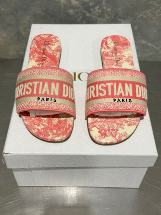 Dior Women's Dway Slides in Peony Pink Toile de Jouy Embroidered Cotton Size 6