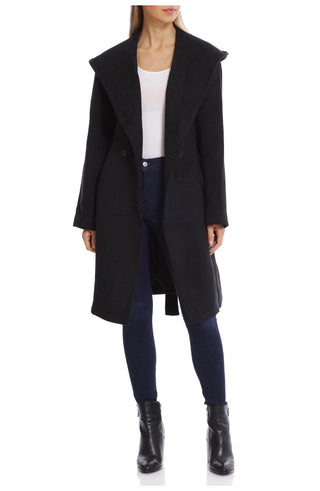 Women's Double Breasted Belted Wool Blend Coat with Hood