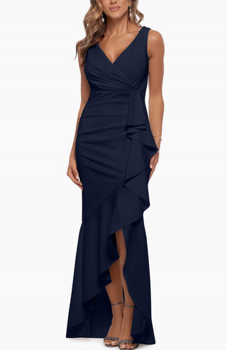 Betsy & Adam - V-neck Cascade Ruffle High-low Gown
