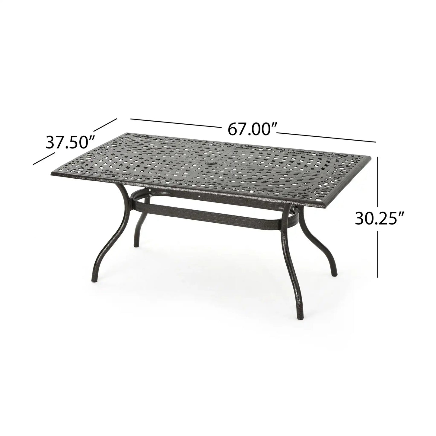 Celestine Outdoor Cast Aluminum Dining Table with Floral Lattice and Umbrella Holder