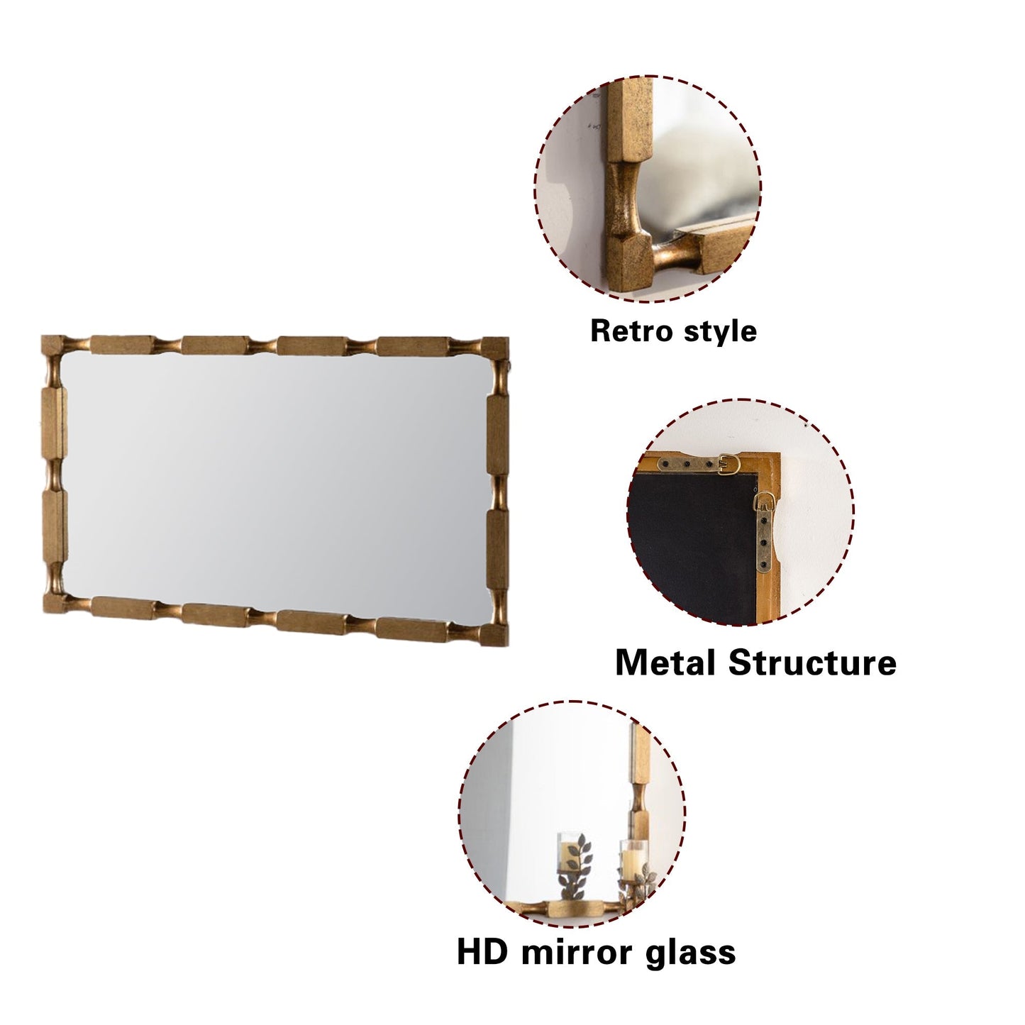Gold Bamboo-Style Rectangular Wall Mirror, Textured Frame for Living Room/Bedroom/Entryway