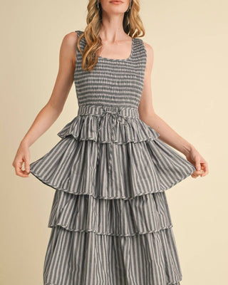 &Merci - Multi Stripe Smocked Bodice Layered Midi Dress