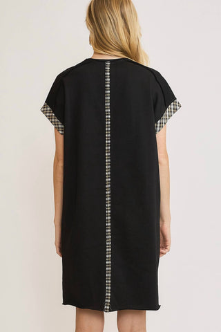 Trendsi - Umgee Peace Plaid Applique Short Sleeve Mini Dress