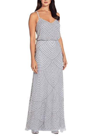 Adrianna Papell - Spaghetti Strap V-neck Blouson Embellished Mesh Dress