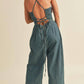 Miou Muse - Lace-up Washed Denim Jumpsuit