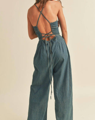 Miou Muse - Lace-up Washed Denim Jumpsuit