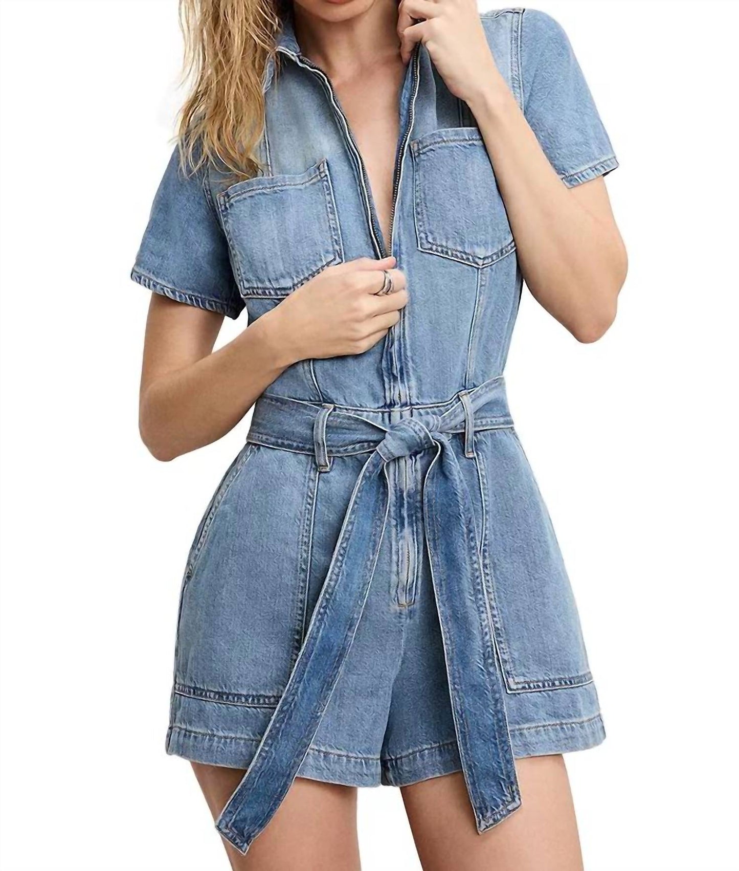 Good American - Fit For Success Lite Linen Denim Shorts Romper