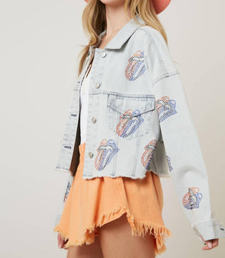 Jodifl - Licensed Rolling Stones Sequin Tongues Denim Crop Jacket