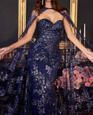 Ladivine - Strapless Fitted Gown With Lace Cape