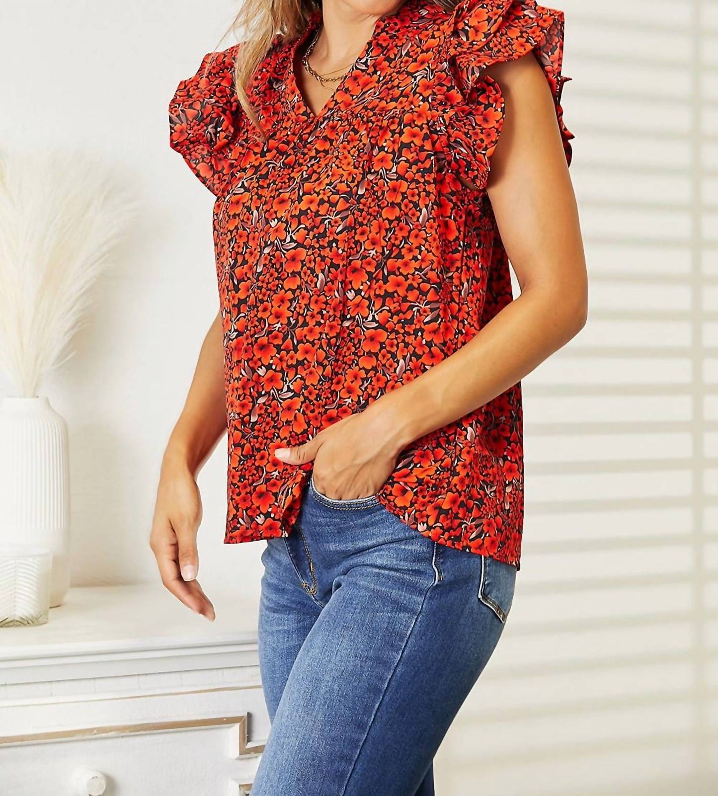 Double Take - Floral Flutter Sleeve Notched Neck Blouse
