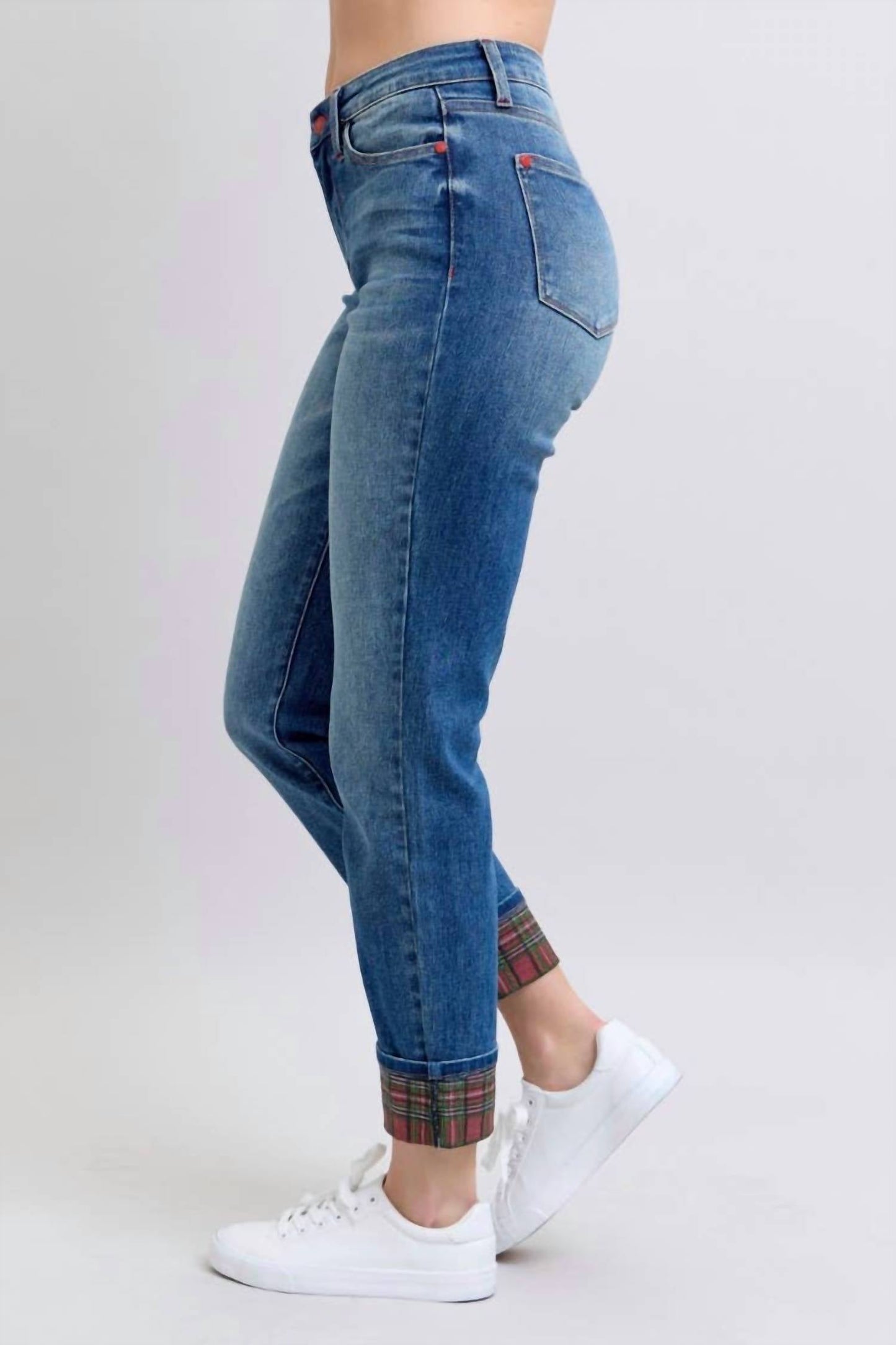 Judy Blue - Mid-rise Plaid Print Cuff Boyfriend Jeans