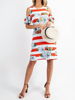 143 Story - Bold Stripe Floral Cold Shoulder Dress