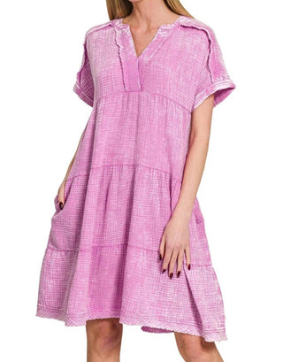 Zenana - Washed Double Gauze Raw Edge V-neck Dress