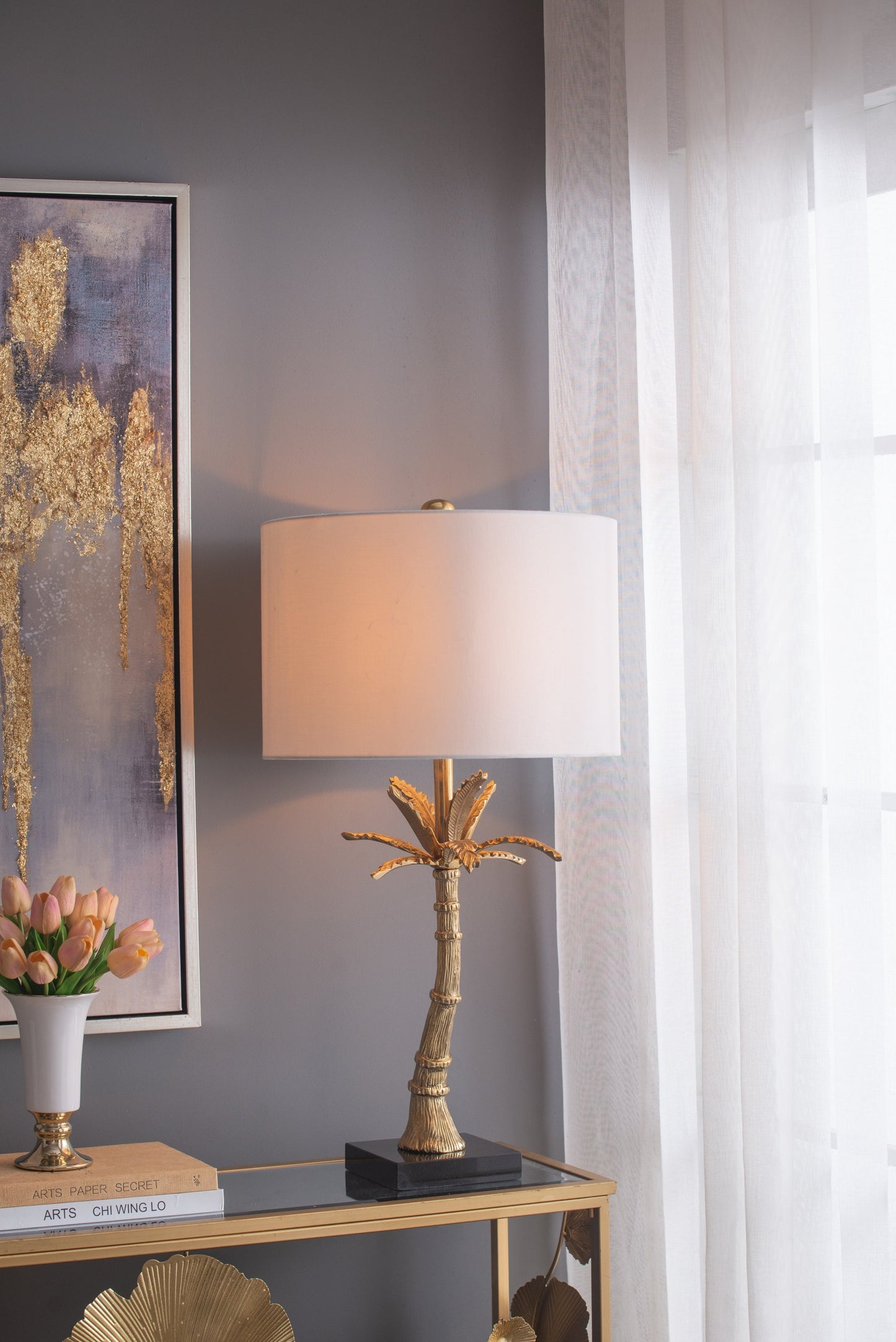 D16x31' Leaf Lamp with Marble Base Gold