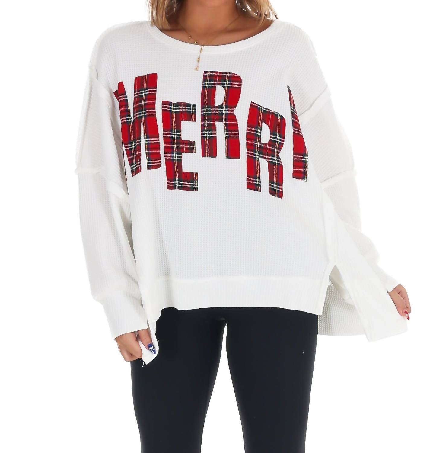 Bibi - Christmas Plaid Merry Waffle Knit Pullover Sweater