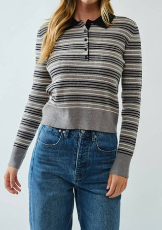 Aaron & Amber - Timeless Striped Rib Knit Polo Sweater