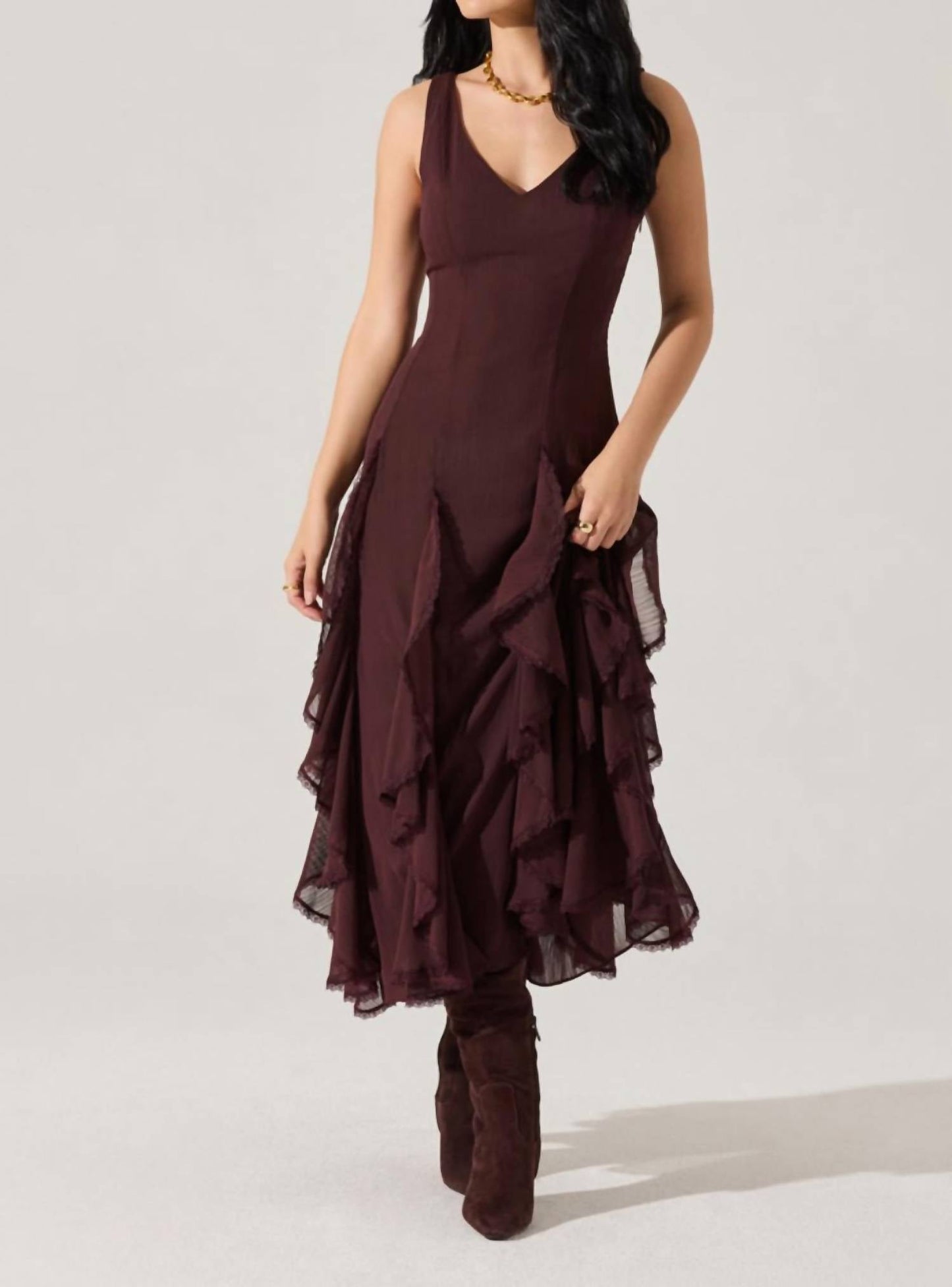 Astr - Philomene V-neck Ruffle Trim Dress