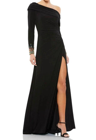 Mac Duggal - Beaded Cuff Drop Shoulder Long Sleeve Gown Dress
