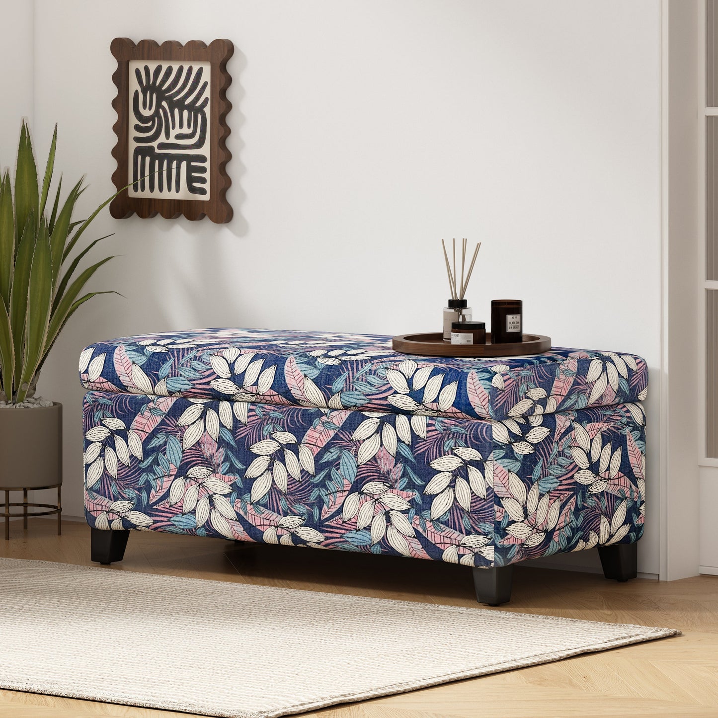 Luxury Storage Ottoman with Floral Patterned Fabric