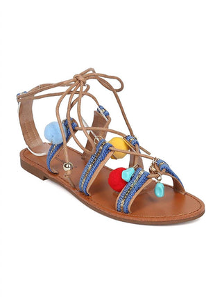 Breckelles - Women's Kylee Pom Pom Open Toe Tie Up Gladiator Sandals