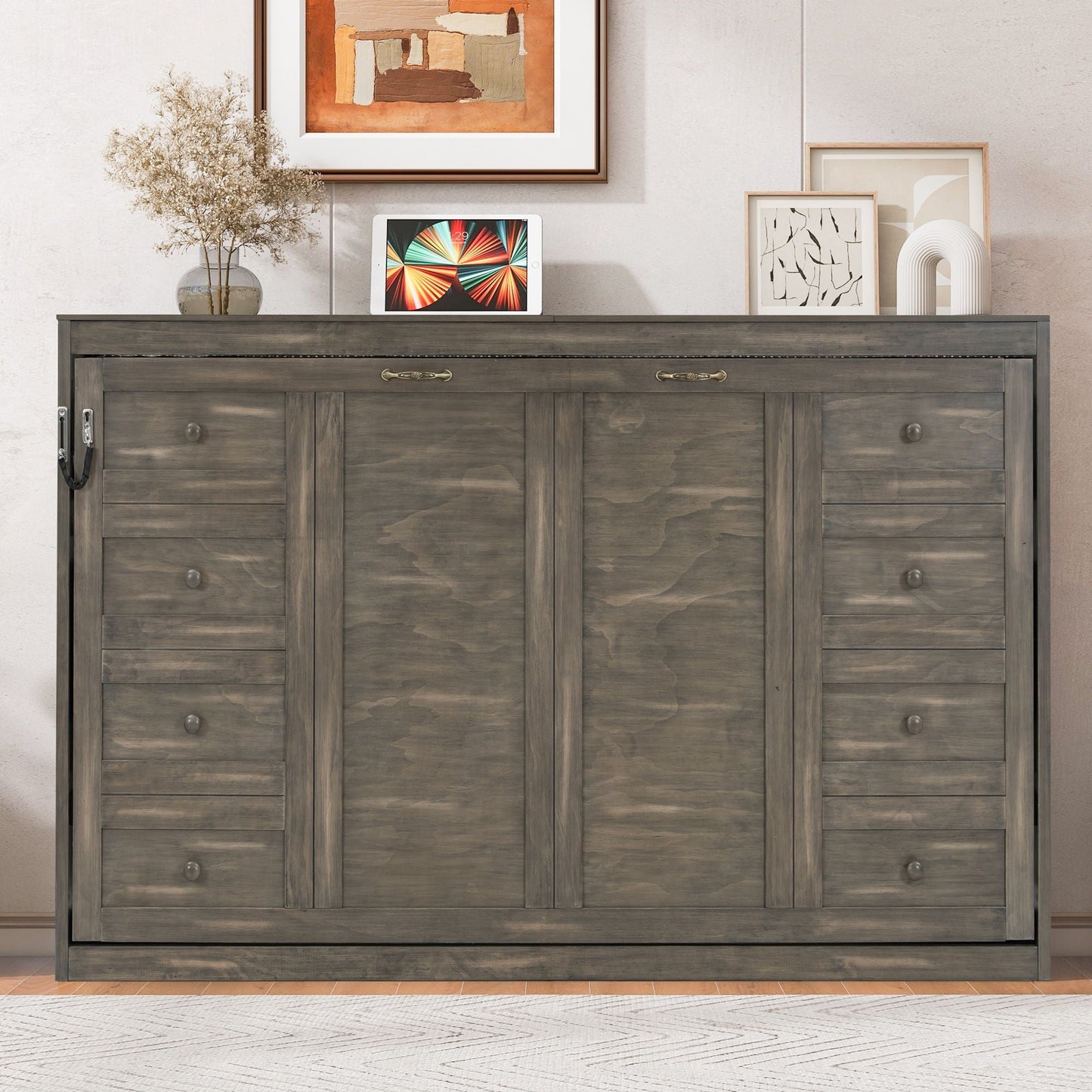 Murphy Bed with LED Light and Foldable Wall Cabinet