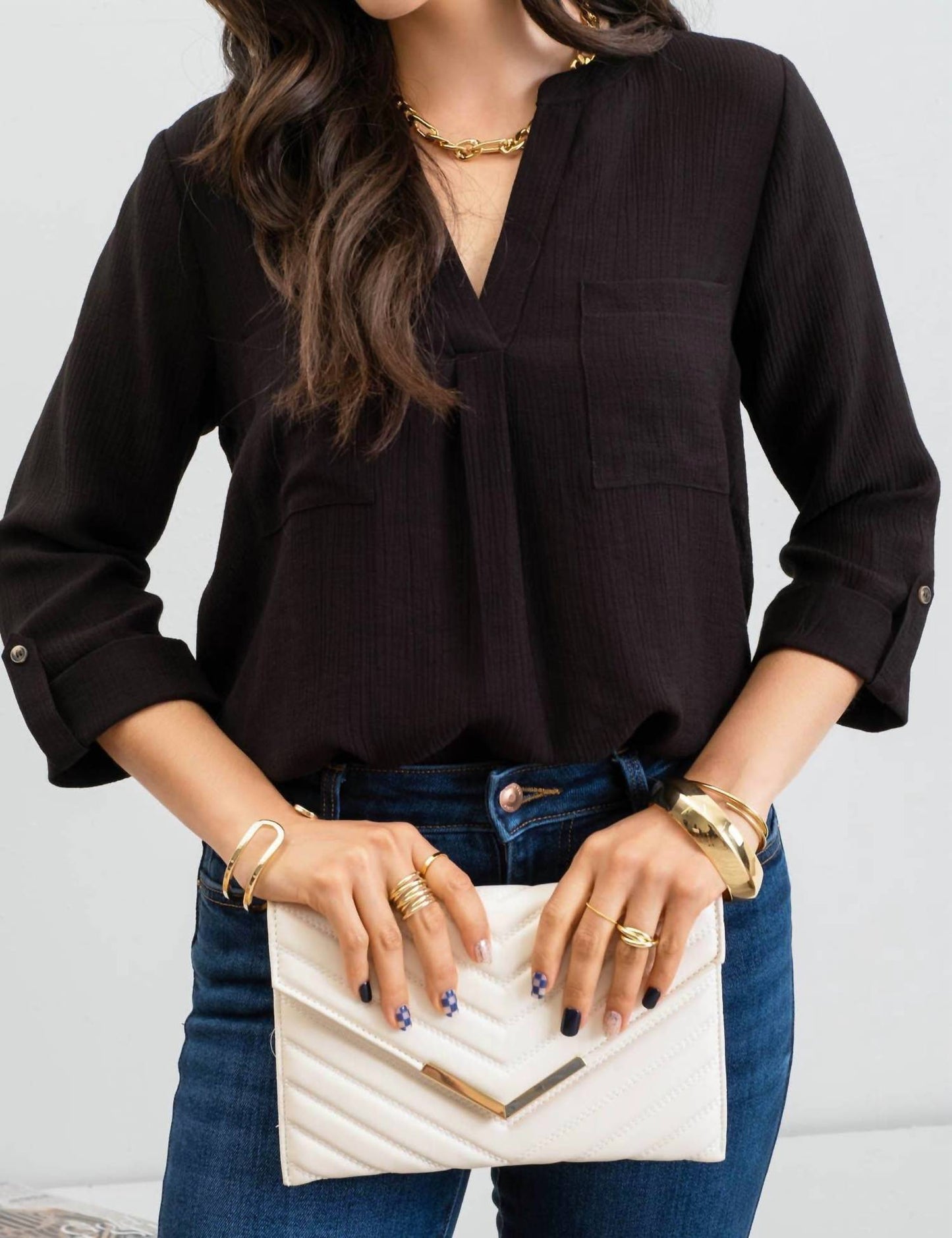 Blu Pepper - Split Neck Back Button Three Quarter Tab Sleeve Top