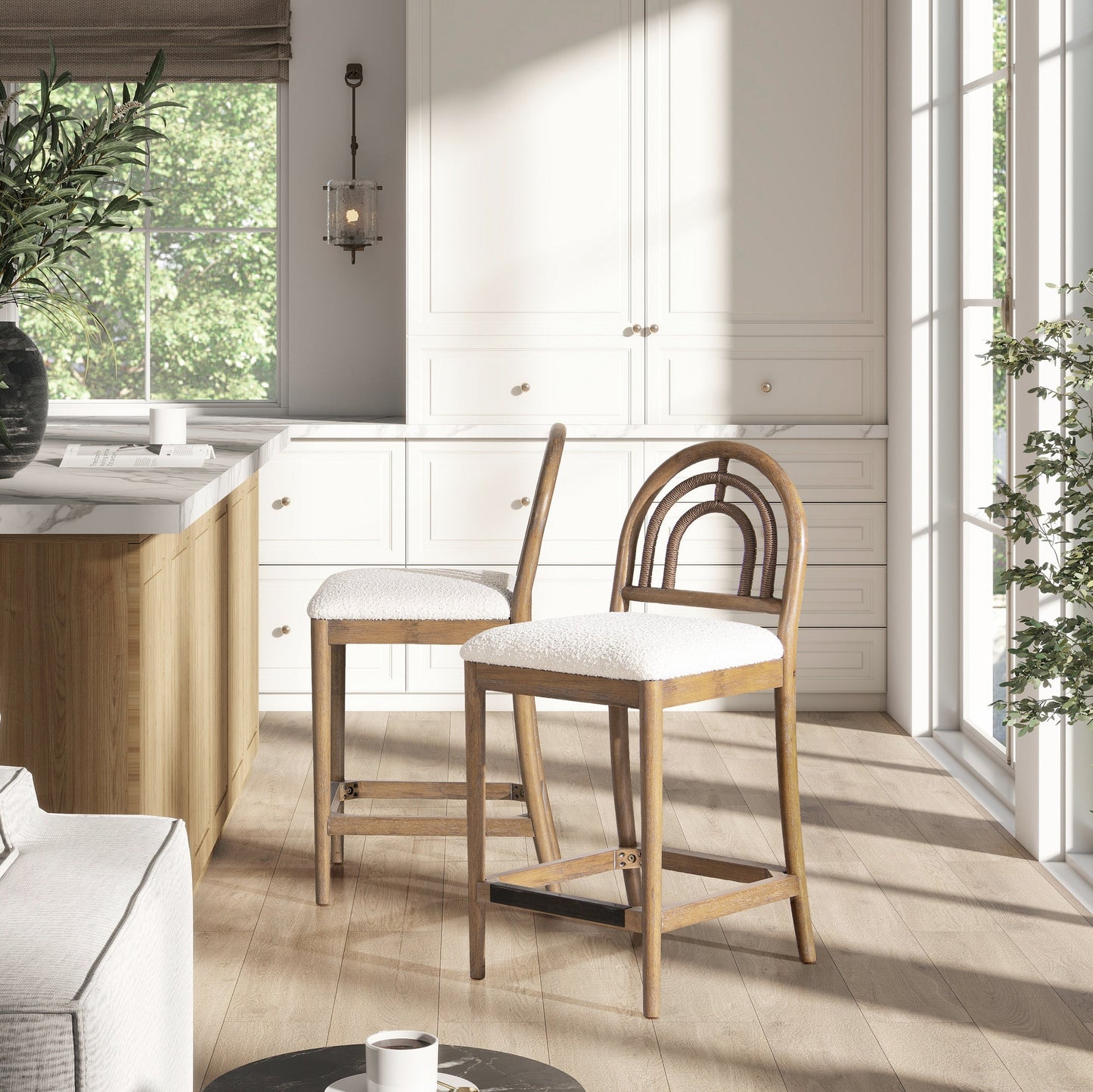 27" Upholstered Counter Stool Set of 2 with Arched Wood Back