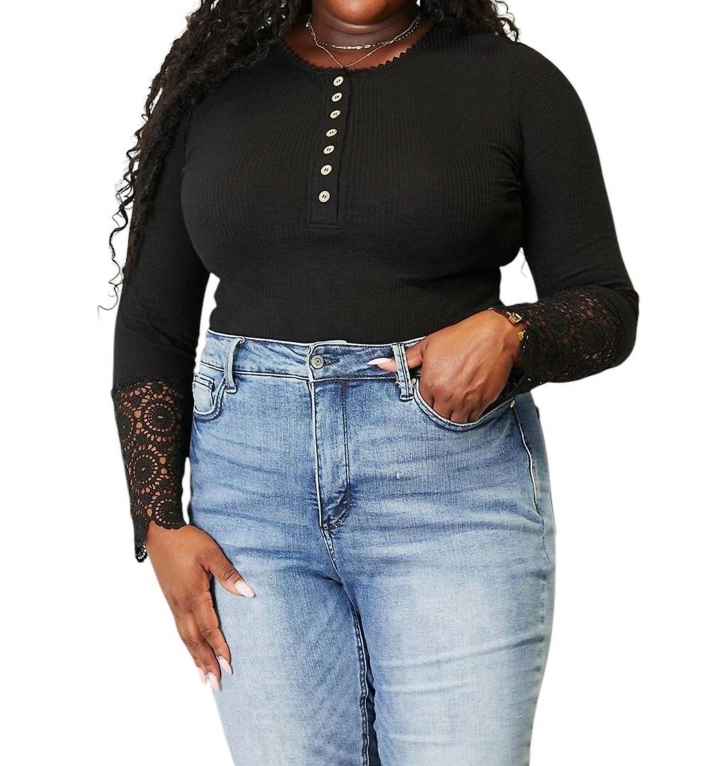 Double Take - Elegant Crochet Lace Border Sleeve Button Blouse