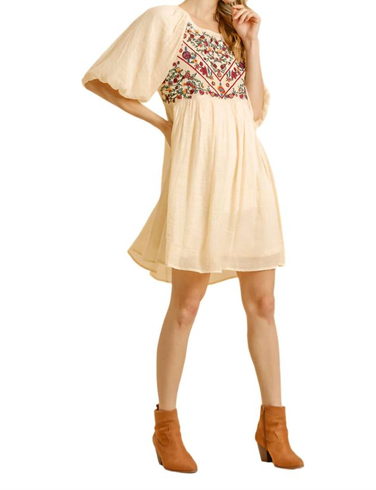Umgee - Floral Embroidered Balloon Sleeve Dress