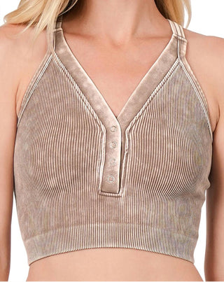 Zenana - Washed Ribbed Cropped Button V-Neck Tank Top