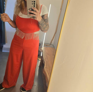 Blue B - Rhinestone Fringe Cut Out Side Open Back Jumpsuit