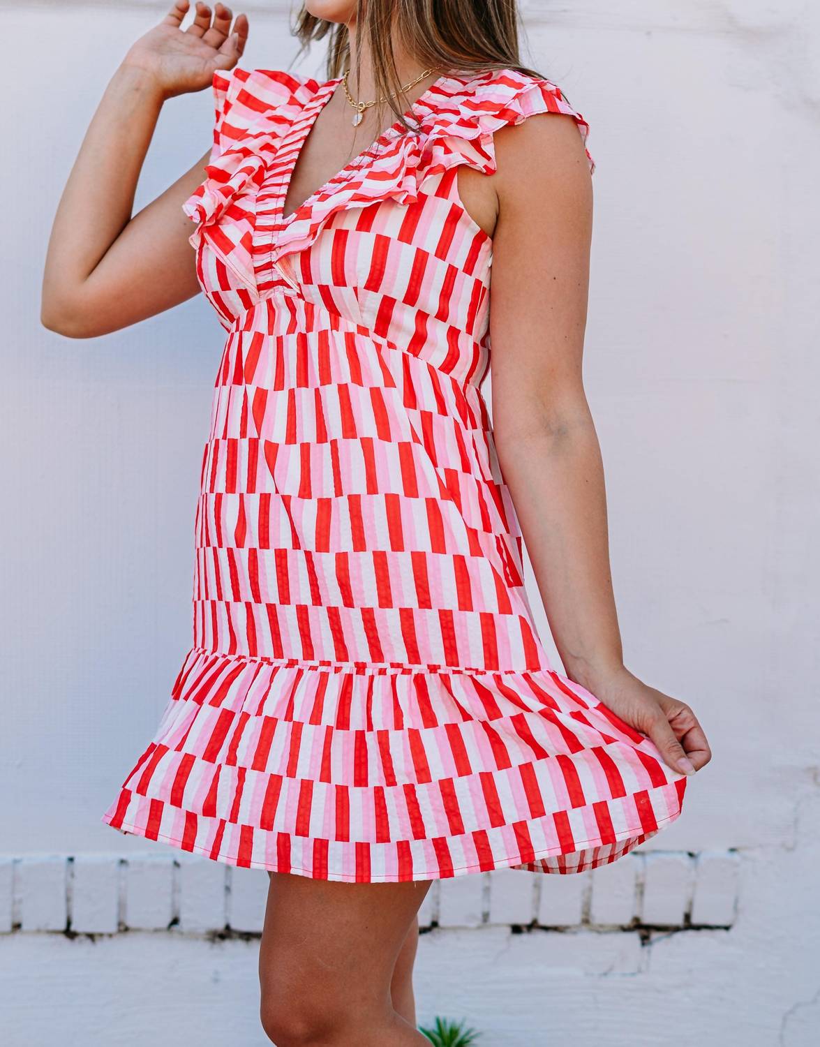 Joy Joy - Ruched V-neck Ruffles Dress
